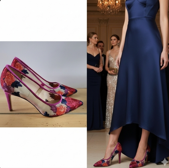 NWOT Jessica Simpson Cipinola Floral Lace Aplique Mesh Pump Pink Blue Size 7.5M - Picture 1 of 12